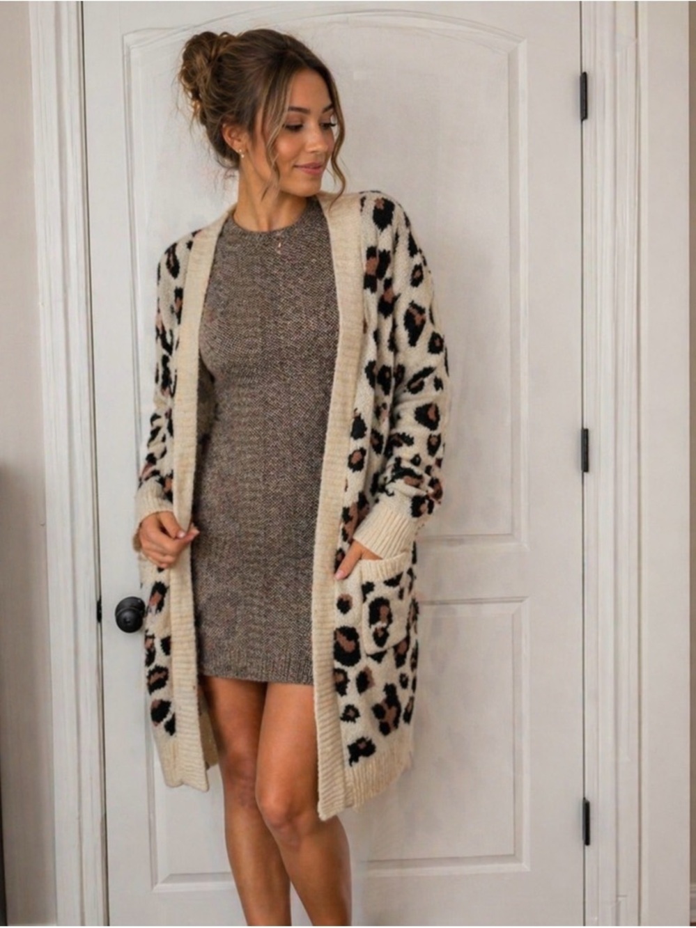 In loom Cream and Brown Animal Print Cardigan